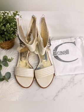 Just Cavalli White Ankle Cuff Sandals – Size 8.5 | Dust Bag Included
